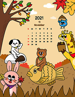 나무 동물 단풍 낙엽 겨울 여러마리 일러스트 곰 사람없음 컬러풀 달력 토끼 강아지 11월 기린 고구마 겨울간식 붕어빵 호빵 2021년 신축년 국내일러스트 AI파일 식물 계절 빵 컬러 다수 잎 포유류 디저트 뿌리채소 반려동물 날짜 개 연도 파일형식 벡터