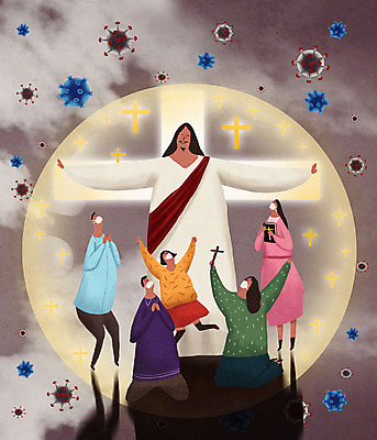 전신 PSD 여자 남자 기독교 종교 어린이 십자가 일러스트 팔벌리기 마스크 들기 사람 여러명 성인 갈색 교회 성경 기도 예수 하나님 구출 신 바이러스 보호 감염 박테리아 멸망 백신 재앙 전염병 국내일러스트 컬러 다수 컨셉 종교용품 의학 종교건축 모션 건물 도움 신_종교 질병 파일형식