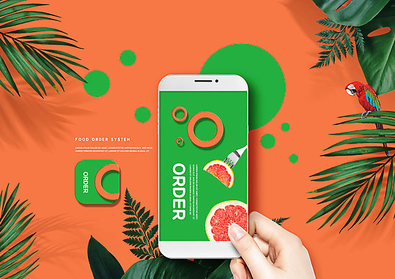 PSD 편집이미지 손 포크 과일 모바일 나뭇잎 들기 사람 신체부위 스마트폰 주황색 어플리케이션 자몽 배송 앵무새 주문 UI 트로피컬아트 배달어플 이미지편집 식기 컬러 잎 모션 조류 핸드폰 스마트기기 그림 파일형식