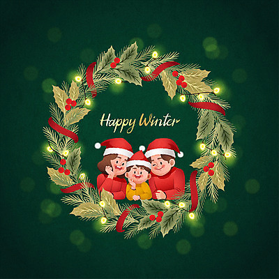 여자 남자 아들 어린이 크리스마스 겨울 일러스트 전구 산타모자 가족 엄마 사람 소년 상반신 성인 타이포그라피 세명 초록색 부모 아빠 연말 크리스마스리스 국내일러스트 AI파일 문자 모자_잡화 계절 기념일 컬러 관계 화환 파일형식 벡터