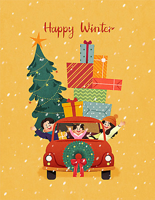 여자 남자 딸 크리스마스 겨울 일러스트 가족 자동차 엄마 선물 사람 상반신 성인 타이포그라피 세명 부모 크리스마스트리 노란색 아빠 겨울여행 연말 국내일러스트 AI파일 문자 계절 기념일 육상교통 컬러 여행 관계 파일형식 벡터