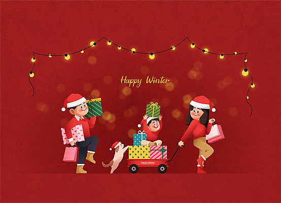 전신 여자 남자 아들 어린이 크리스마스 겨울 일러스트 산타모자 가족 엄마 선물 사람 소년 성인 타이포그라피 빨간색 세명 선물상자 쇼핑 부모 수레 아빠 수레끌기 연말 국내일러스트 AI파일 문자 모자_잡화 계절 기념일 컬러 관계 상자 카트 당기기 파일형식 벡터