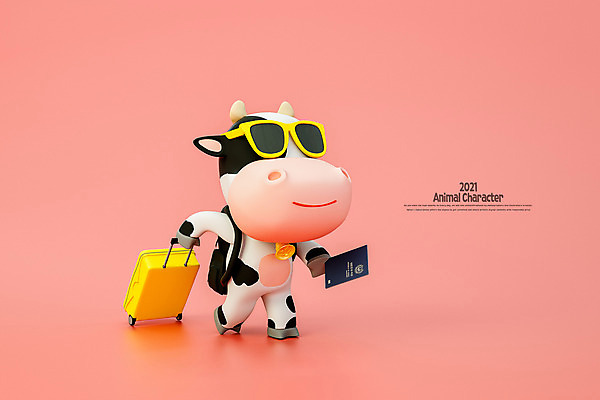 PSD 편집 편집이미지 캐릭터 안경 분홍색 여행 가방 모션 휴가 들기 사람없음 선글라스 3D 여행가방 종 소 젖소 디지털합성 여권 소캐릭터 편집소스 2021년 신축년 편집3D 잡화 컬러 동물캐릭터 포유류 연도 파일형식