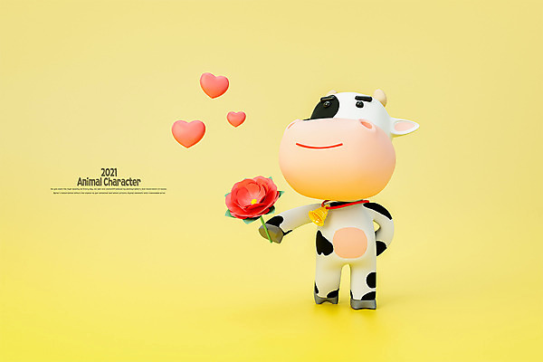 PSD 편집 편집이미지 캐릭터 꽃 프로포즈 모션 발렌타인데이 사랑 들기 사람없음 노란색 3D 종 하트 소 젖소 디지털합성 소캐릭터 편집소스 2021년 신축년 편집3D 모양 식물 감정 컬러 동물캐릭터 포유류 데이이벤트 연도 파일형식