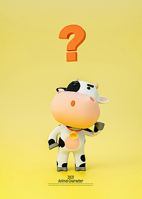 PSD 편집 편집이미지 캐릭터 모션 사람없음 노란색 3D 종 물음표 소 젖소 디지털합성 호기심 소캐릭터 헷갈림 편집소스 2021년 신축년 편집3D 기호 감정 컬러 동물캐릭터 컨셉 포유류 연도 파일형식