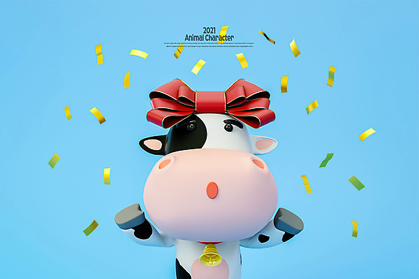 PSD 편집 편집이미지 캐릭터 리본 모션 사람없음 파란색 파티 3D 축제 기쁨 종 소 젖소 디지털합성 소캐릭터 편집소스 2021년 신축년 편집3D 감정 컬러 동물캐릭터 포유류 이벤트 연도 파일형식