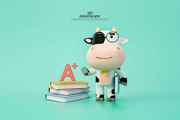 PSD 편집 편집이미지 캐릭터 모션 들기 사람없음 책 독서 3D 종 소 젖소 디지털합성 소캐릭터 에이플러스 민트색 편집소스 2021년 신축년 편집3D 컬러 동물캐릭터 포유류 연도 점수 파일형식