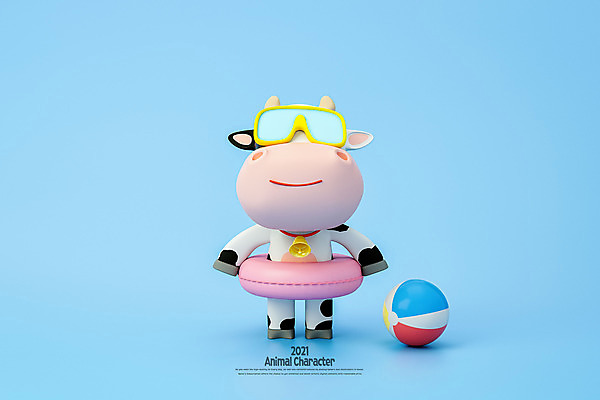 PSD 편집 편집이미지 캐릭터 공 모션 여름방학 들기 사람없음 파란색 3D 종 소 비치볼 물안경 젖소 디지털합성 튜브 소캐릭터 편집소스 2021년 신축년 편집3D 컬러 동물캐릭터 포유류 방학 바캉스용품 연도 수영용품 파일형식 여름_계절