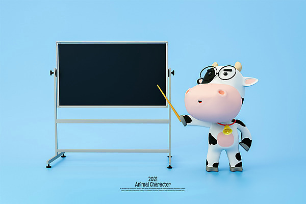 PSD 편집 편집이미지 캐릭터 교육 모션 들기 사람없음 파란색 3D 교사 칠판 종 가리킴 소 젖소 디지털합성 지시봉 소캐릭터 편집소스 2021년 신축년 편집3D 직업 컬러 동물캐릭터 포유류 손짓 연도 파일형식