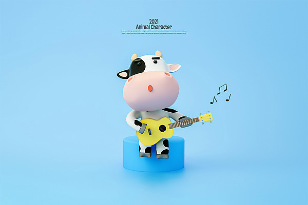 PSD 편집 편집이미지 캐릭터 음악 음표 노래 모션 들기 앉기 사람없음 파란색 3D 종 기타 소 젖소 디지털합성 소캐릭터 편집소스 2021년 신축년 버스킹 편집3D 기호 컬러 동물캐릭터 포유류 현악기 문화예술 공연 연도 파일형식