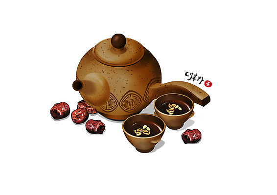 PSD 일러스트 건강 사람없음 갈색 한의학 차 찻잔 찻주전자 대추 잣 대추차 한방차 국내일러스트 음료 컬러 의학 주전자 잔 차_음료 견과류 전통차 파일형식