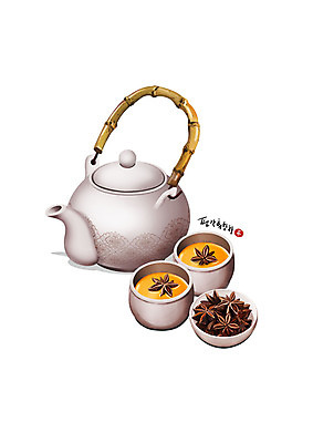 PSD 일러스트 건강 사람없음 한의학 흰색 차 찻잔 찻주전자 한방차 팔각회향 국내일러스트 음료 컬러 의학 주전자 잔 차_음료 전통차 향신료 파일형식