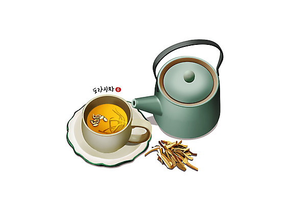 PSD 일러스트 건강 사람없음 노란색 한의학 차 찻잔 청록색 도라지 한방차 도라지차 국내일러스트 음료 컬러 의학 잔 차_음료 전통차 파일형식