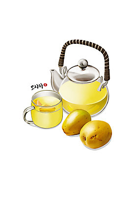 PSD 일러스트 건강 사람없음 노란색 한의학 차 찻잔 찻주전자 모과 모과차 한방차 과일차 국내일러스트 음료 컬러 과일 의학 주전자 잔 차_음료 전통차 파일형식