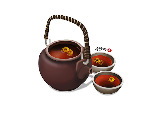 PSD 일러스트 국화 건강 사람없음 갈색 한의학 차 찻잔 찻주전자 국화차 한방차 국내일러스트 꽃 음료 컬러 의학 주전자 잔 차_음료 전통차 파일형식