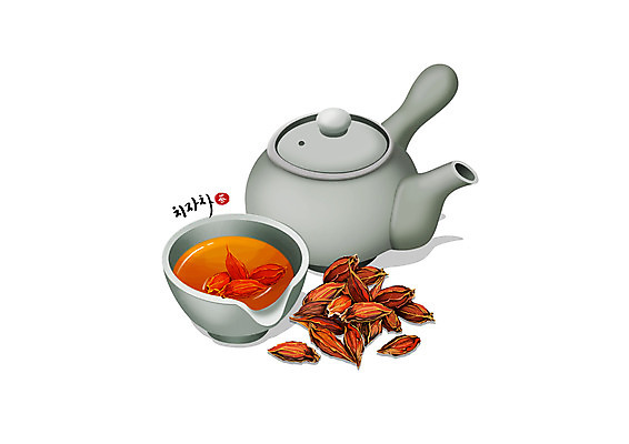 PSD 일러스트 건강 사람없음 주황색 한의학 흰색 차 찻잔 찻주전자 치자 한방차 국내일러스트 음료 컬러 의학 주전자 잔 차_음료 한약재 전통차 파일형식
