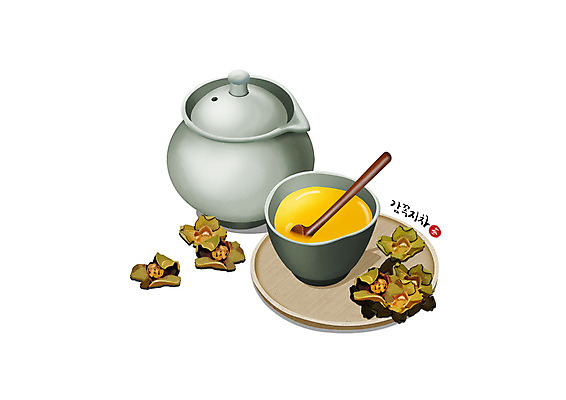 PSD 일러스트 건강 감 사람없음 노란색 한의학 흰색 차 찻잔 찻주전자 꼭지 한방차 국내일러스트 음료 컬러 과일 의학 주전자 잔 차_음료 전통차 파일형식