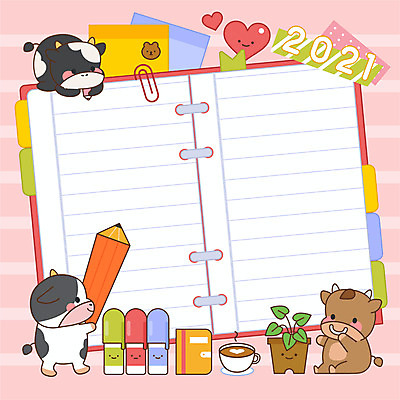 화분 커피 분홍색 일러스트 새해 사람없음 필기구 연필 다이어리 메모지 소 커피잔 결심 포스트잇 소캐릭터 형광펜 다이어리속지 2021년 신축년 국내일러스트 AI파일 음료 컬러 동물캐릭터 컨셉 포유류 문구용품 학용품 잔 펜 사무용품 연도 파일형식 벡터