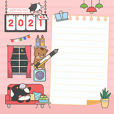 화분 분홍색 의자 일러스트 창문 조명 들기 앉기 사람없음 소파 볼펜 달력 메모지 클립 소캐릭터 새해복많이받으세요 탁상달력 2021년 신축년 국내일러스트 AI파일 컬러 동물캐릭터 가구 모션 새해 펜 사무용품 소 연도 파일형식 벡터