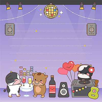 일러스트 조명 새해 사람없음 파티 와인 보라색 스피커 새해인사 기타 메모지 소 샴페인 파티용품 미러볼 풍선 소캐릭터 신년파티 댄스파티 디제잉 신축년 국내일러스트 AI파일 컬러 동물캐릭터 음향기기 포유류 현악기 주류 이벤트 장식 사무용품 인사 이벤트용품 파일형식 벡터 2021년
