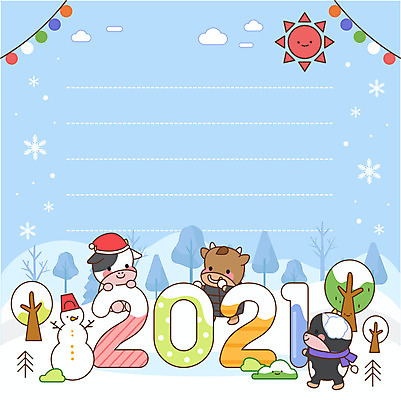 나무 하늘색 겨울 일러스트 눈사람 새해 사람없음 태양 추위 메모지 소 소캐릭터 2021년 겨울눈 신축년 국내일러스트 AI파일 자연요소 식물 계절 동물캐릭터 포유류 파란색 사무용품 연도 파일형식 벡터