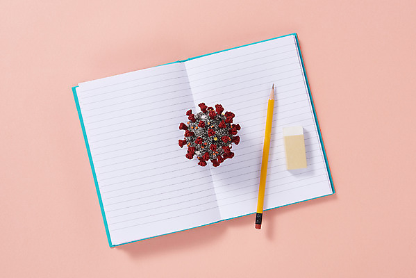 포토 JPG 스튜디오촬영 학생 수업 실내 사람없음 하이앵글 연필 모형 공책 바이러스 신학기 지우개 전염병 분홍색배경 코로나바이러스 포스트코로나 델타변이바이러스 위드코로나 국내포토 교육 뷰포인트 분홍색 백그라운드 문구용품 학용품 내부 필기구 질병 사회이슈 파일형식