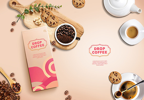 PSD 편집이미지 사람없음 쿠키 원두 커피잔 티스푼 찻주전자 원두커피 패키지 라떼 코랄 이미지편집 커피 컬러 주전자 디저트 잔 숟가락 파일형식