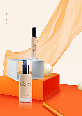 PSD 편집이미지 사람없음 상자 뷰티 주황색 화장품 천 입체도형 컨실러 파운데이션 이미지편집 도형 컬러 직물 입체 파일형식
