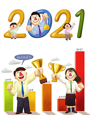 전신 PSD 구름 여자 남자 일러스트 비즈니스 성공 그래프 새해 들기 사람 여러명 성인 금융 경제 컬러풀 희망 성장 우승 직장인 목표 결심 트로피 막대그래프 금메달 2021년 국내일러스트 자연요소 직업 감정 컬러 다수 컨셉 모션 최고 연도 상_우승 메달 파일형식