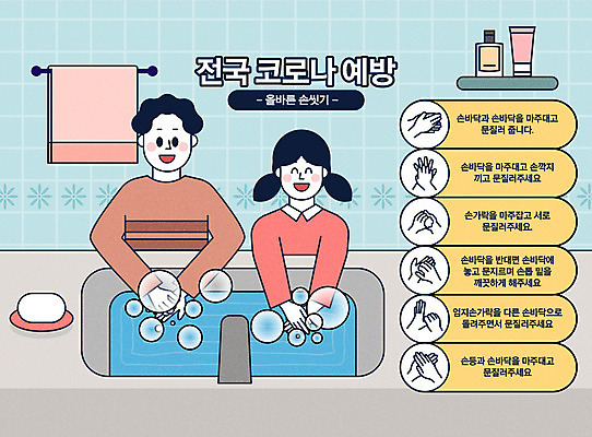 손 여자 남자 어린이 일러스트 안전 사람 소녀 소년 상반신 타이포그라피 두명 컬러풀 거품 사회이슈 세면대 화장실 비누 손씻기 건강수칙 손씻기방법 매뉴얼 어린이만 코로나바이러스 생활방역 감염예방 델타변이바이러스 국내일러스트 AI파일 문자 컬러 컨셉 건강 신체부위 위생용품 바이러스 씻기 예방 감염 방법 방역 파일형식 벡터