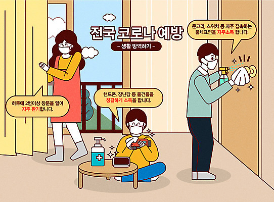 전신 여자 남자 어린이 일러스트 마스크 들기 안전 사람 소년 성인 타이포그라피 세명 컬러풀 장난감 사회이슈 문고리 닦기 소독 소독제 환기 코로나바이러스 손소독제 사회적거리두기 생활방역 감염예방 델타변이바이러스 국내일러스트 AI파일 문자 캠페인 컬러 컨셉 모션 문 바이러스 예방 감염 방역 파일형식 벡터