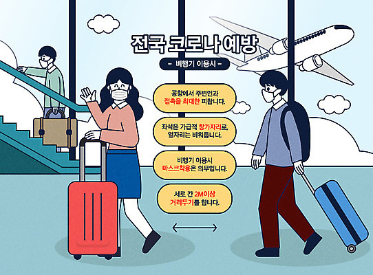 전신 여자 남자 여행 일러스트 대중교통 비행기 마스크 서기 안전 사람 성인 타이포그라피 세명 컬러풀 캐리어 공항 사회이슈 성인만 코로나바이러스 사회적거리두기 생활방역 감염예방 델타변이바이러스 국내일러스트 AI파일 문자 교통수단 캠페인 컬러 컨셉 항공교통 교통시설 모션 여행가방 바이러스 예방 감염 방역 파일형식 벡터
