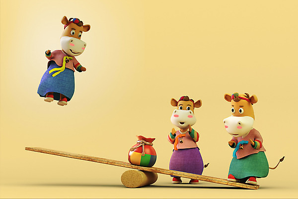 PSD 편집 편집이미지 새해 복주머니 세마리 사람없음 3D 전통놀이 소띠 소 한복 디지털합성 널뛰기 소캐릭터 베이지색 편집소스 2021년 신축년 편집3D 한국전통 전통 컬러 동물캐릭터 포유류 놀이 전통소품 3 십이지신 전통의상 연도 파일형식