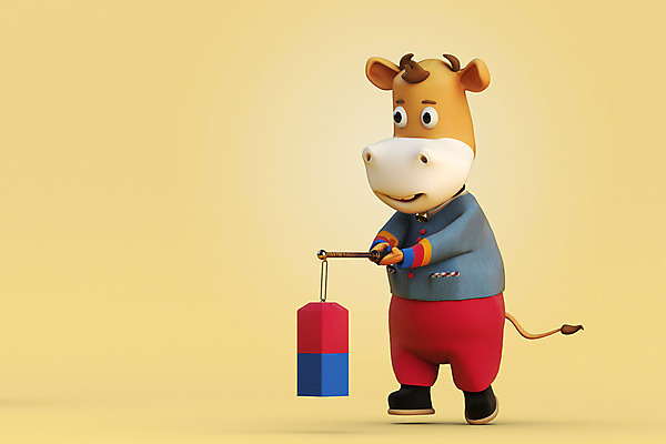 PSD 편집 편집이미지 한마리 새해 들기 사람없음 3D 소띠 소 한복 디지털합성 청사초롱 소캐릭터 베이지색 편집소스 2021년 신축년 편집3D 1 한국전통 컬러 동물캐릭터 포유류 모션 십이지신 전통의상 연도 초롱 파일형식