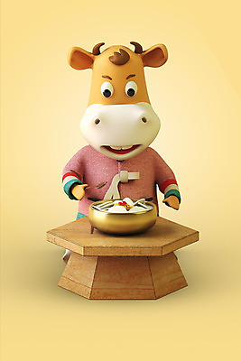 PSD 편집 편집이미지 한마리 새해 사람없음 3D 소띠 소 한복 먹기 디지털합성 떡국 소캐릭터 베이지색 편집소스 2021년 신축년 편집3D 1 한국전통 한식 컬러 동물캐릭터 포유류 모션 전통음식 십이지신 전통의상 연도 파일형식