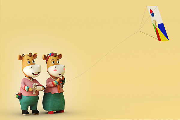 PSD 편집 편집이미지 커플 두마리 새해 사람없음 3D 소띠 소 한복 디지털합성 연 연날리기 소캐릭터 베이지색 편집소스 2021년 신축년 편집3D 한국전통 컬러 동물캐릭터 2 포유류 관계 놀이용품 전통놀이 십이지신 전통의상 연도 파일형식