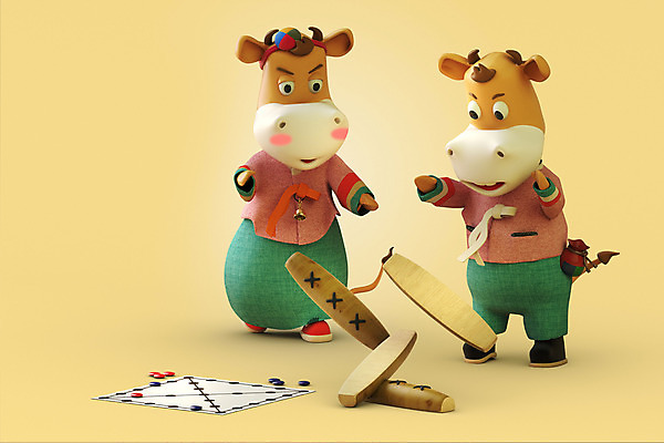 PSD 편집 편집이미지 커플 두마리 새해 사람없음 3D 전통놀이 소띠 소 윷 윷놀이 한복 디지털합성 소캐릭터 베이지색 편집소스 2021년 신축년 편집3D 한국전통 전통 컬러 동물캐릭터 2 포유류 관계 놀이 십이지신 전통의상 연도 파일형식