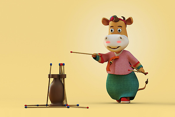 PSD 편집 편집이미지 한마리 새해 사람없음 3D 전통놀이 소띠 소 한복 디지털합성 소캐릭터 베이지색 투호 투호놀이 편집소스 2021년 신축년 편집3D 1 한국전통 전통 컬러 동물캐릭터 포유류 놀이 십이지신 전통의상 연도 파일형식