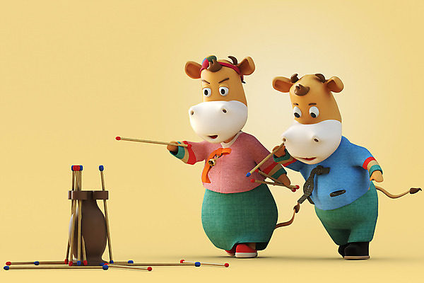 PSD 편집 편집이미지 두마리 새해 사람없음 3D 전통놀이 소띠 소 한복 디지털합성 소캐릭터 베이지색 투호 투호놀이 편집소스 2021년 신축년 편집3D 한국전통 전통 컬러 동물캐릭터 2 포유류 놀이 십이지신 전통의상 연도 파일형식