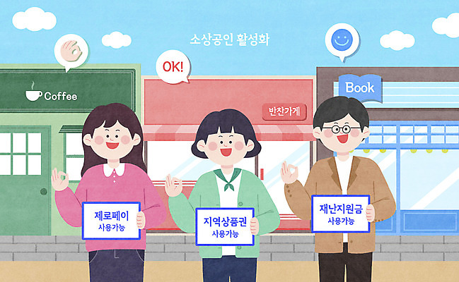 PSD 여자 남자 일러스트 안내 미소 들기 사람 성인 세명 카페 OK 상인 환영 서점 가능 반찬가게 성인만 소상공인 지역화폐 긴급재난지원금 지원금 국내일러스트 직업 돈 모션 표정 손짓 경제 상점 정부정책 지원 파일형식