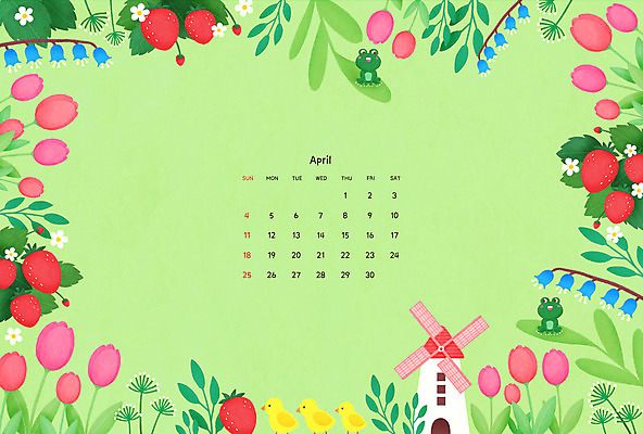PSD 꽃 일러스트 딸기 따뜻함 병아리 개구리 사람없음 연두색 새싹 봄 풍차 튤립 달력 4월 딸기꽃 2021년 국내일러스트 식물 계절 과일 조류 양서류 초록색 날짜 연도 파일형식