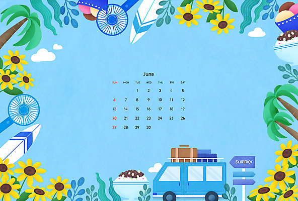 PSD 하늘색 일러스트 해바라기 아이스크림 여름음식 사람없음 여름 여행가방 달력 서핑보드 선풍기 6월 캠핑카 팥빙수 2021년 제철음식 국내일러스트 계절 꽃 음식 가방 자동차 디저트 파란색 가전제품 보드_스포츠 날짜 연도 빙수 제철 파일형식 여름_계절
