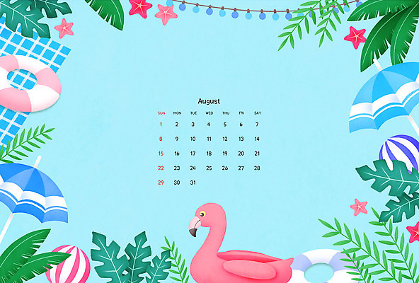 PSD 하늘색 일러스트 물놀이 전등 불가사리 해변 사람없음 여름 야자수 달력 파라솔 비치볼 돗자리 튜브 야자수잎 8월 2021년 플라밍고튜브 국내일러스트 나무 계절 바다 잎 공 놀이 조명 극피동물 바캉스용품 파란색 날짜 연도 파일형식