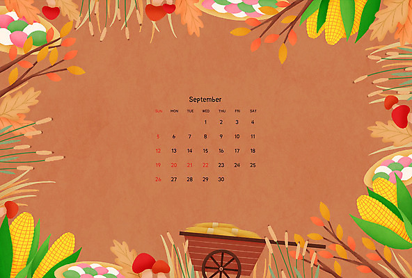 PSD 낙엽 일러스트 옥수수 사람없음 갈색 버섯 수레 추수 달력 벼 가을 풀 9월 버드나무 송편 2021년 국내일러스트 나무 식물 계절 컬러 잎 농업 곡류 떡 카트 날짜 연도 파일형식