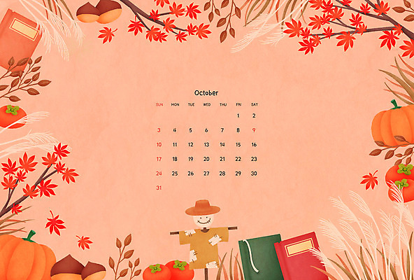 PSD 식물 단풍 낙엽 일러스트 호박 감 갈대 사람없음 책 독서 주황색 달력 가을 풀 밤 허수아비 10월 2021년 국내일러스트 계절 컬러 잎 농업 채소 과일 견과류 날짜 연도 파일형식