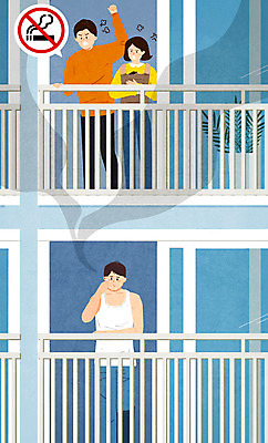 전신 PSD 여자 남자 일러스트 안기 아파트 흡연 여러명 성인 파란색 발코니 분노 아기 연기 금연 이웃 금연구역 금연표지판 아기띠 국내일러스트 감정 캠페인 컬러 다수 모션 주택 담배 사람 아기용품 표지판 사회이슈 제한구역 파일형식