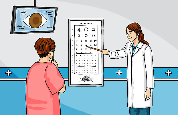 PSD 여자 남자 일러스트 병원 들기 사람 상반신 성인 두명 컬러풀 모니터 환자 의사 가리킴 지시봉 시력검사 건강검진 시력검사기 시력검사표 안구 국내일러스트 컬러 의학 모션 손짓 신체부위 컴퓨터 의료진 검사_조사 파일형식