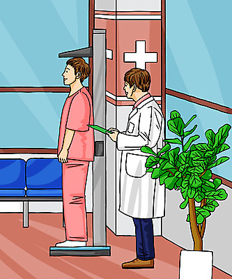 전신 PSD 남자 화분 의자 일러스트 창문 병원 서기 들기 사람 성인 두명 컬러풀 환자 의사 신체검사 건강검진 서류판 진료기록부 남자만 신장측정기 국내일러스트 컬러 가구 의학 의료기기 모션 사무용품 진료 의료진 검사_조사 파일형식