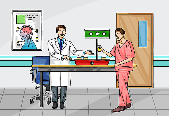 전신 PSD 남자 의자 일러스트 탁자 병원 들기 사람 성인 두명 컬러풀 바구니 환자 의사 가리킴 건강검진 소변검사 남자만 국내일러스트 컬러 가구 의학 모션 손짓 의료진 검사_조사 파일형식