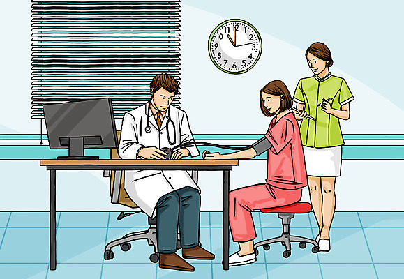 전신 PSD 여자 남자 시계 일러스트 창문 병원 서기 들기 사람 앉기 성인 세명 컴퓨터 컬러풀 환자 간호사 의사 잡기 블라인드 책상 혈압계 건강검진 서류판 진료기록부 혈압측정 국내일러스트 컬러 가구 의학 의료기기 모션 전자제품 사무용품 진료 의료진 커튼 측정 검사_조사 혈압 파일형식